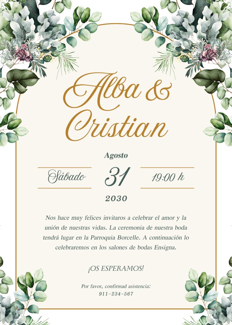 Invitación de Boda Elegante Botánica Verde y Crema (1)